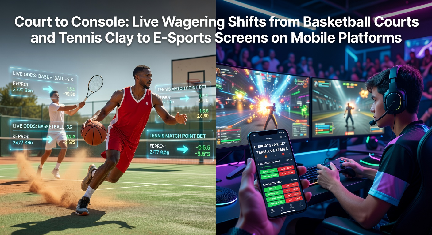 Dynamic split-screen image showing a basketball court game on one side transitioning to glowing e-sports screens with players competing in a video game arena on the other, overlaid with live betting odds scrolling across mobile phones