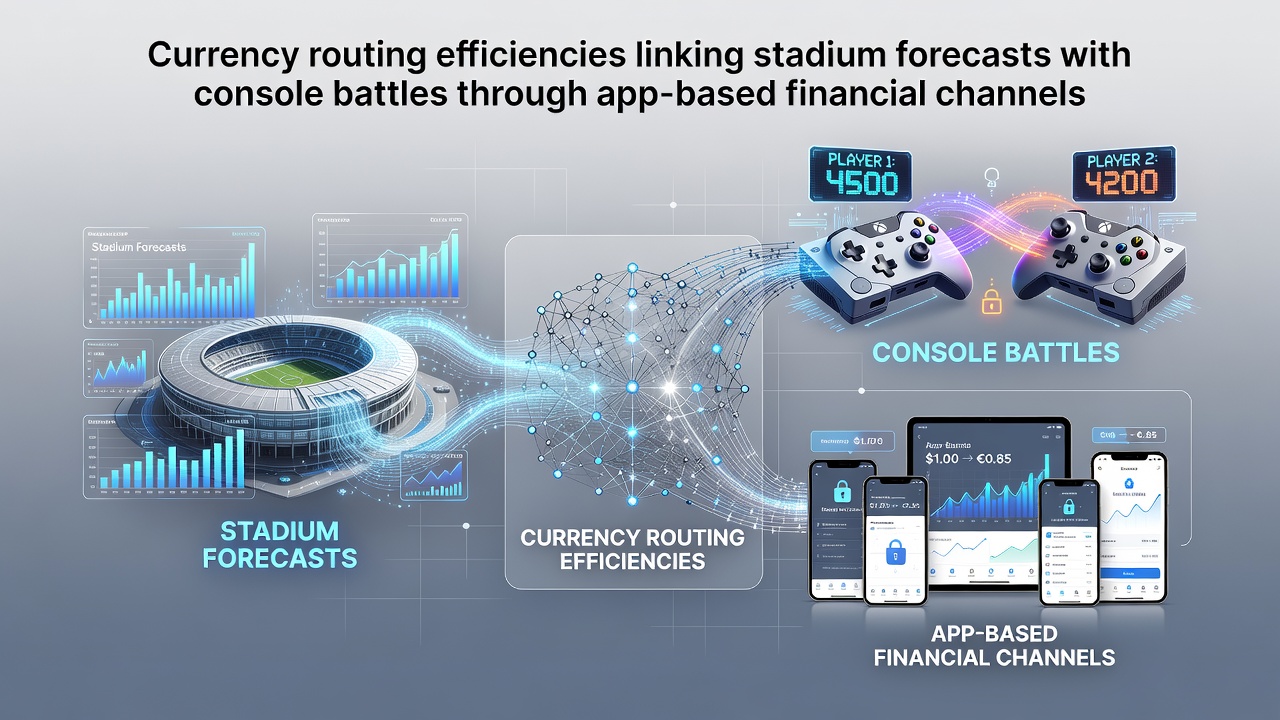 Mobile app interface showing real-time currency routing between stadium sports forecasts and e-sports console battles