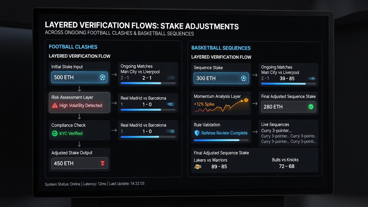 Verification dashboard showing stake adjustment confirmations across basketball and e-sports sessions on mobile networks