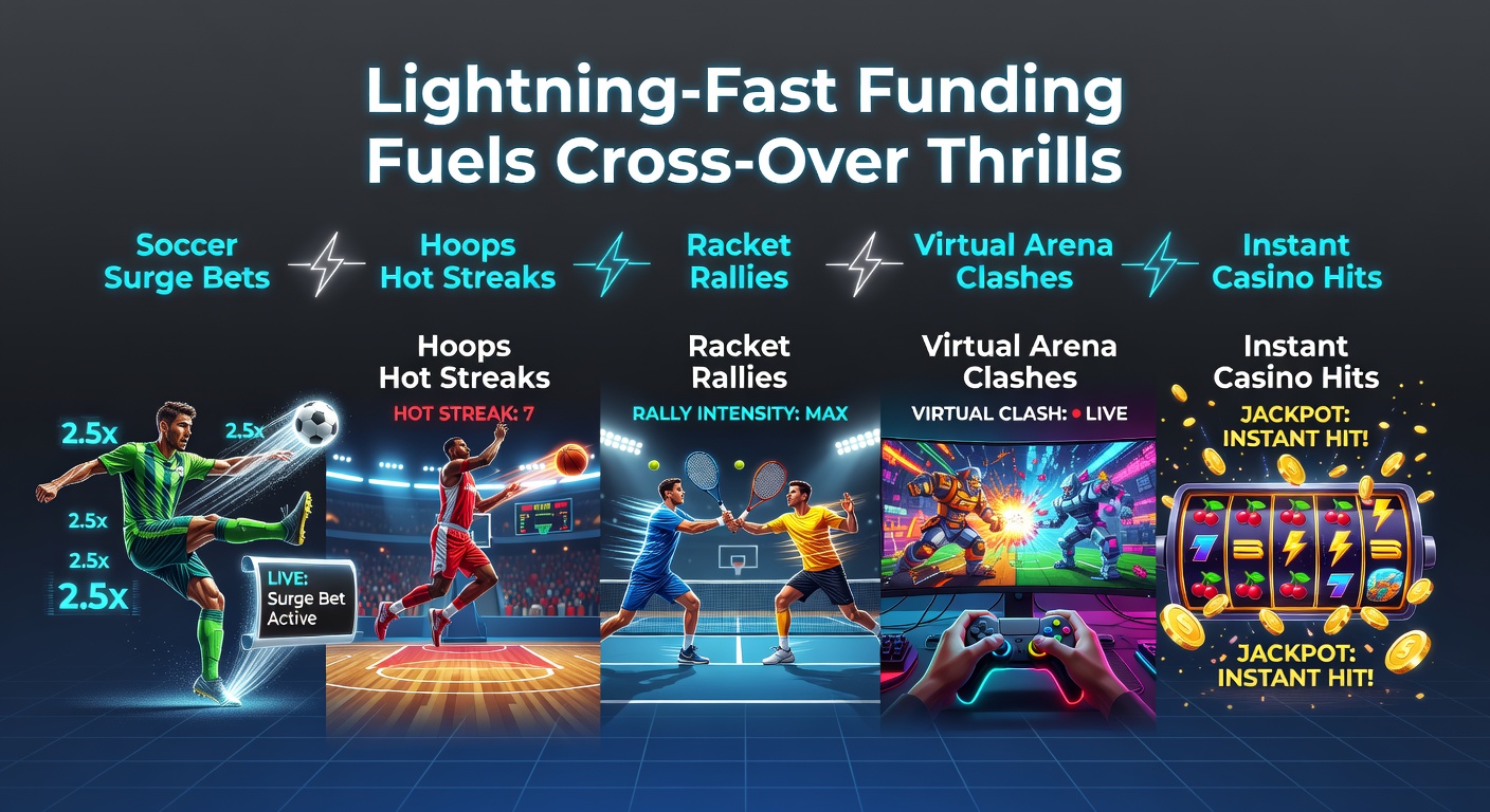 Dynamic scene of bettors switching seamlessly between soccer matches, basketball games, tennis rallies, e-sports battles, and casino spins on mobile devices with instant funding notifications