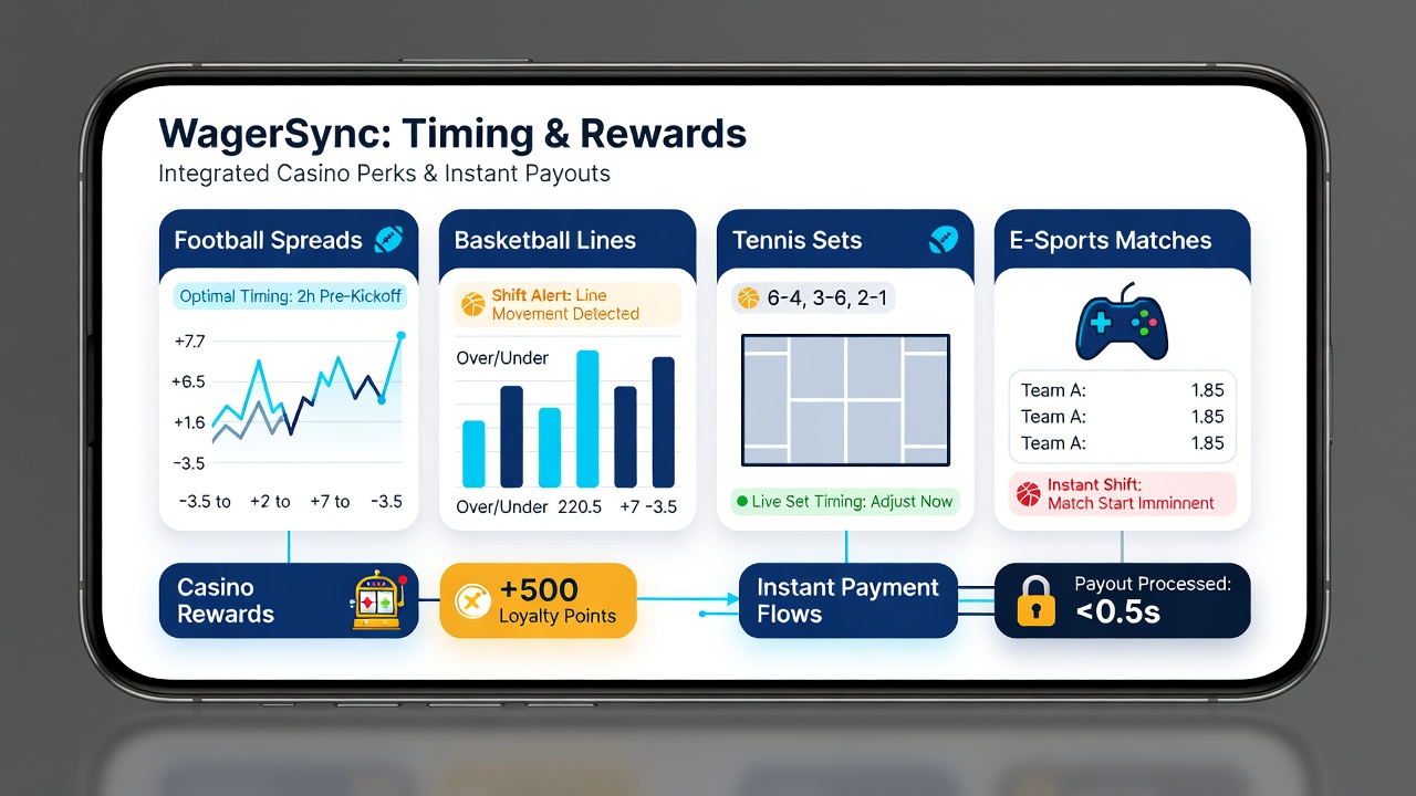 Mobile app screenshot showing integrated sports betting layouts with football spreads, basketball lines, and casino reward prompts