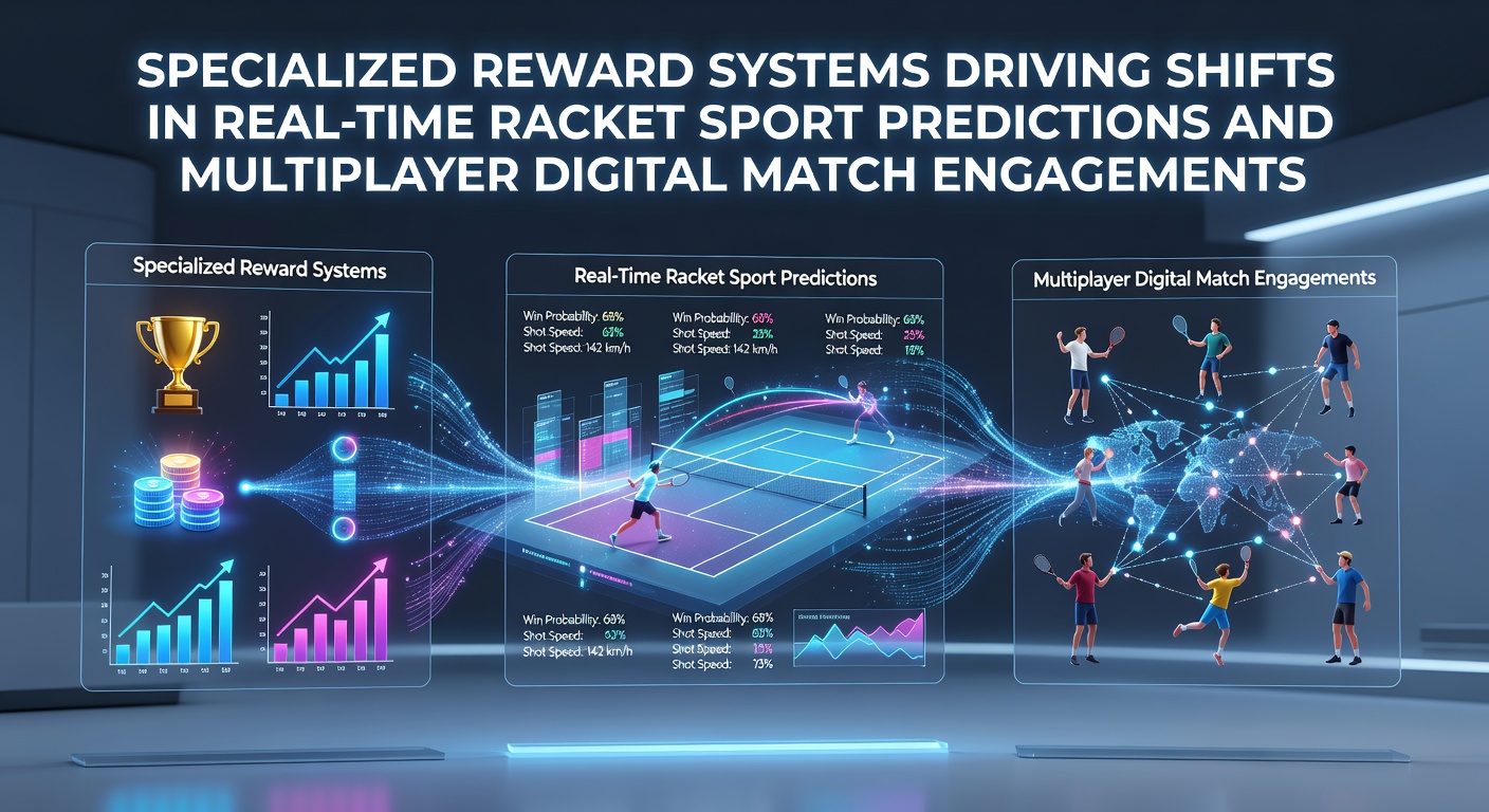 Specialized reward systems interface showing real-time racket sport prediction tools and multiplayer digital match engagement features