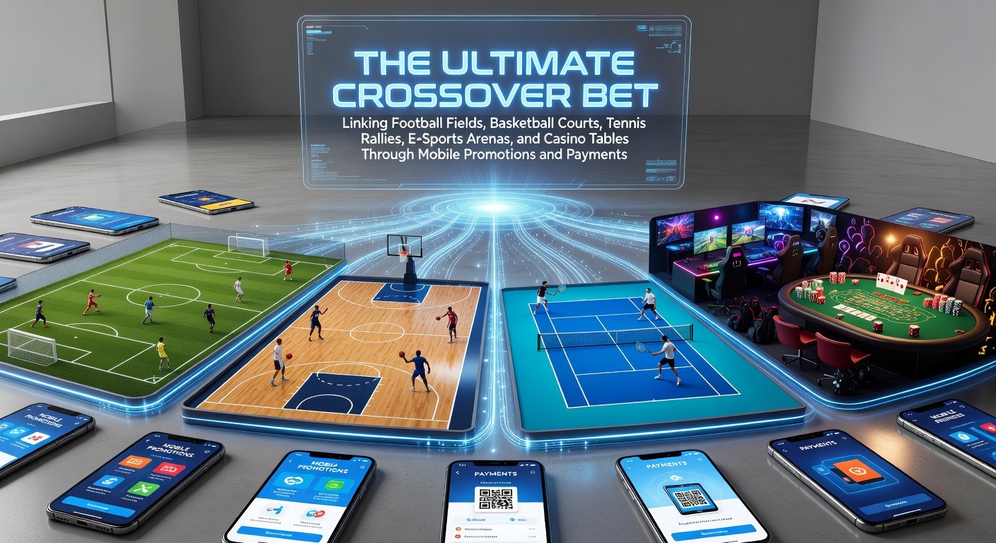 Vibrant mobile screen displaying crossover bets from football matches to casino slots, with seamless payment icons linking sports and gaming worlds