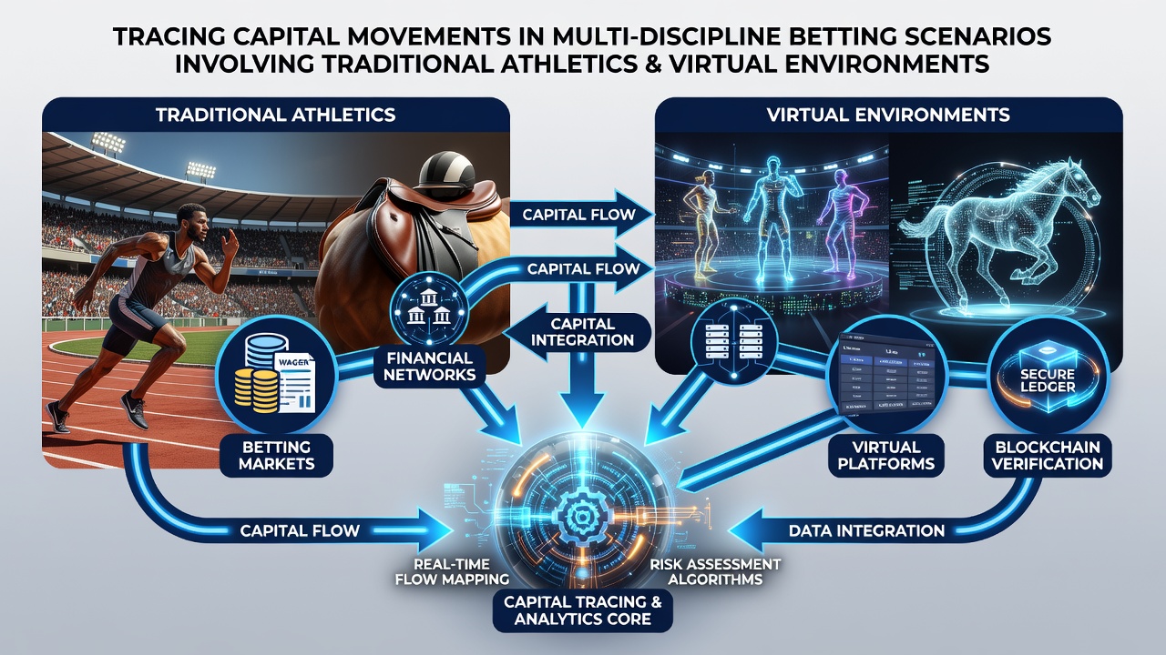 Network diagram showing capital flow paths between athletic events, virtual competitions, and casino tables on mobile devices
