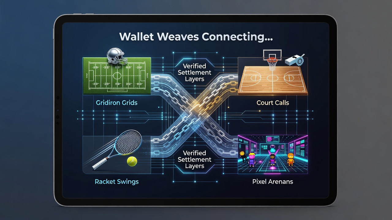 Mobile wallet interface displaying interconnected betting options for football, basketball, tennis and esports on a handheld device